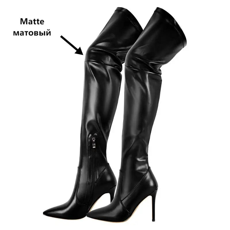 Onlymaker Women Pointed Toe Over the Knee Stretch High Boots Thin High Heel Stiletto Flock Zip Big Size Fashion Woman Boots