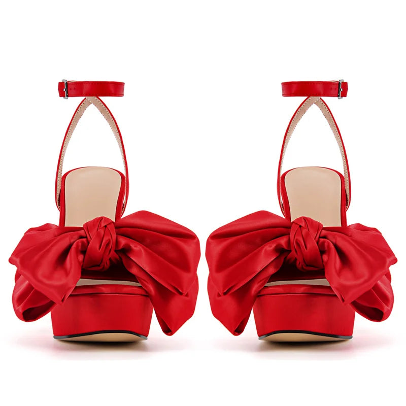 Women Red Open Toe Butterfly-knot Platform High Heeled Big Size Sandals