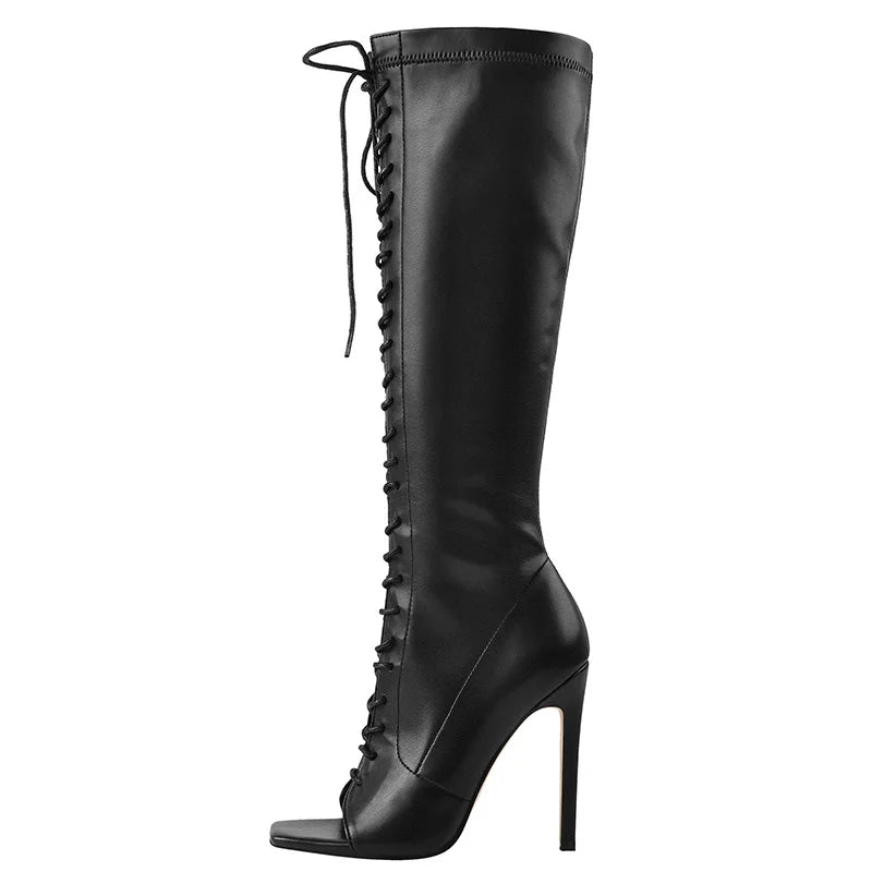 Onlymaker Women Open Square Toe  Lace Up Faux Leather Knee-high Boots Thin Heel Side Zipper Fashion Elegant Boots