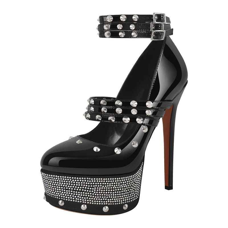 Women Rivet Platform Patent Leather Rhinestone Pumps High Heeled Big Size Ankle Straps Women Stiletto Pumps