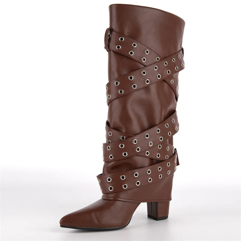 Pointed Toe Fold Over Buckle Strap Mid-Calf Boots Chunky Heel Shoes Autumn Solid Pull On Fashion Elegant Boots
