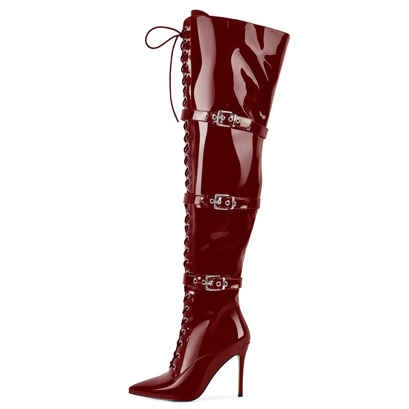 Onlymaker Women Pointed Toe Belt Buckle Over The Knee Boots Zipper Plus Size Sexy Patent Leather Wide Calf Thigh High Boots