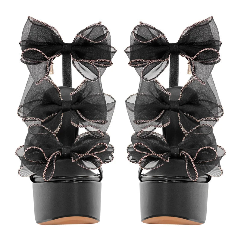 Women Black Bow Ankle Strap Chunky Heel Platform Summer Sandals Thick Heels Party Dress Shoes