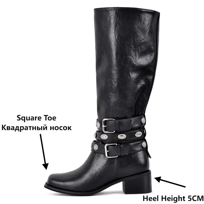 Onlymaker Women Square Toe Mid Calf Knee High Boots Buckled Strap Winter Matte Gothic Motorcycle Boots