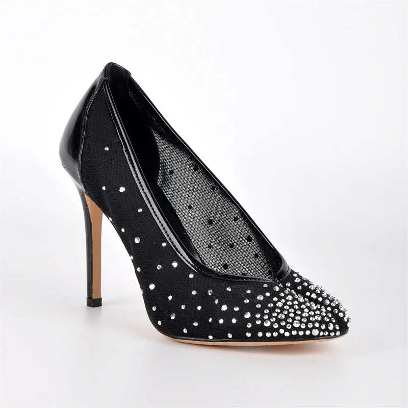 Women Split Toe 10CM Rhinestone Mesh Pumps High Heeled Big Size Slip On Party Wedding Bride  Stiletto Pumps
