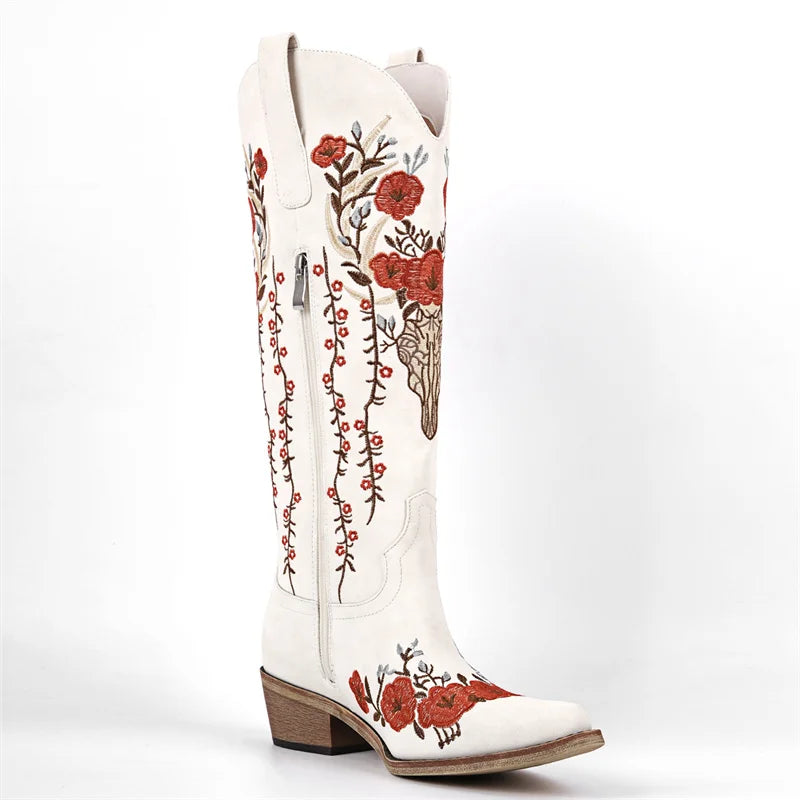 Onlymaker Women White Floral Western Embroidery Cowgirl Boots Pointed Toe Side Zipper Knee High with Chunky Heel  Boots