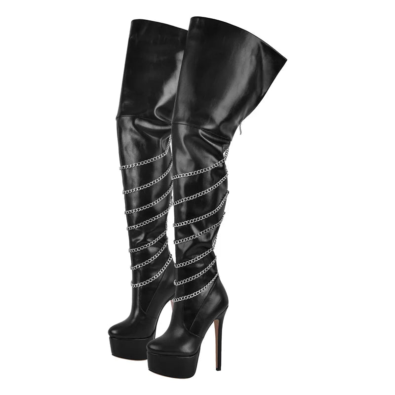 Onlymaker Woman Platform Over The Knee Boots Thin High Heel Lady Metal Chain Decoration Zipper Female Thigh Boots