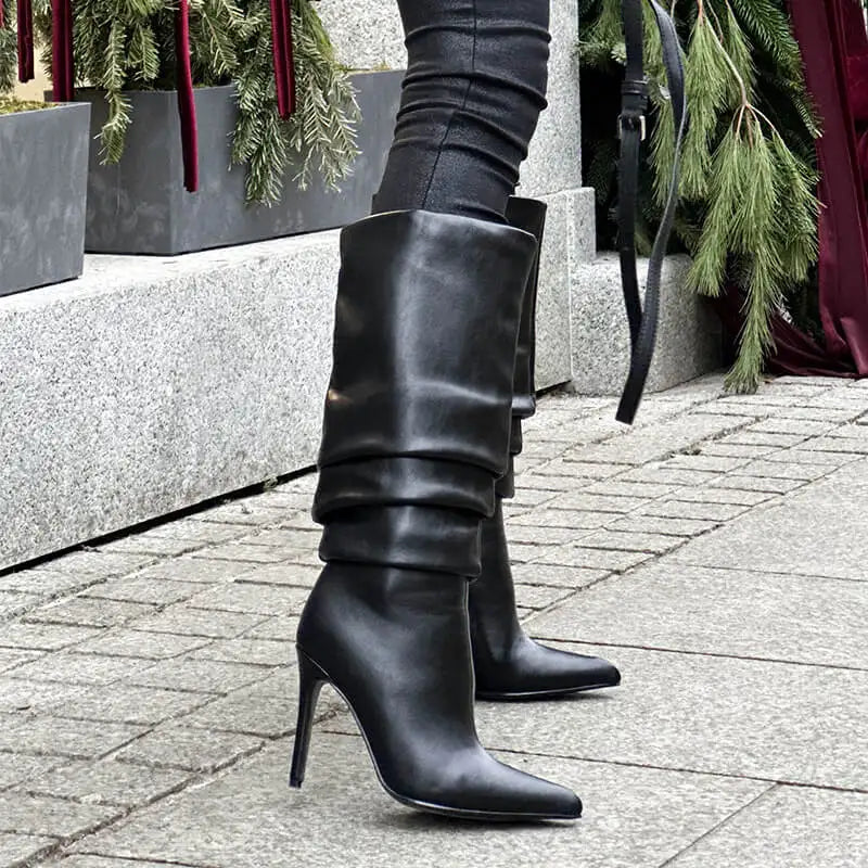 Onlymaker Women Pointed Toe Side Zipper Mid-Calf Boots Thin High Heel Lady  Female High  Stiletto Pleated Boots