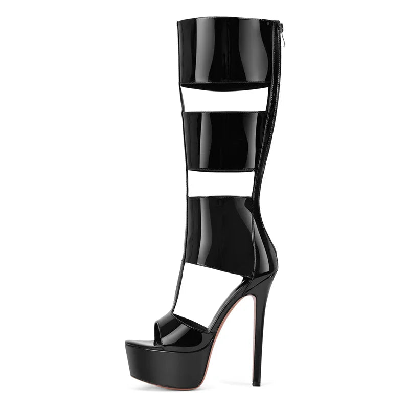 Onlymaker Women Platform Patent Leather Zipper Knee High Boots Sexy Thin High Heel Hollow Gladiator Cutout  Boots Sandals