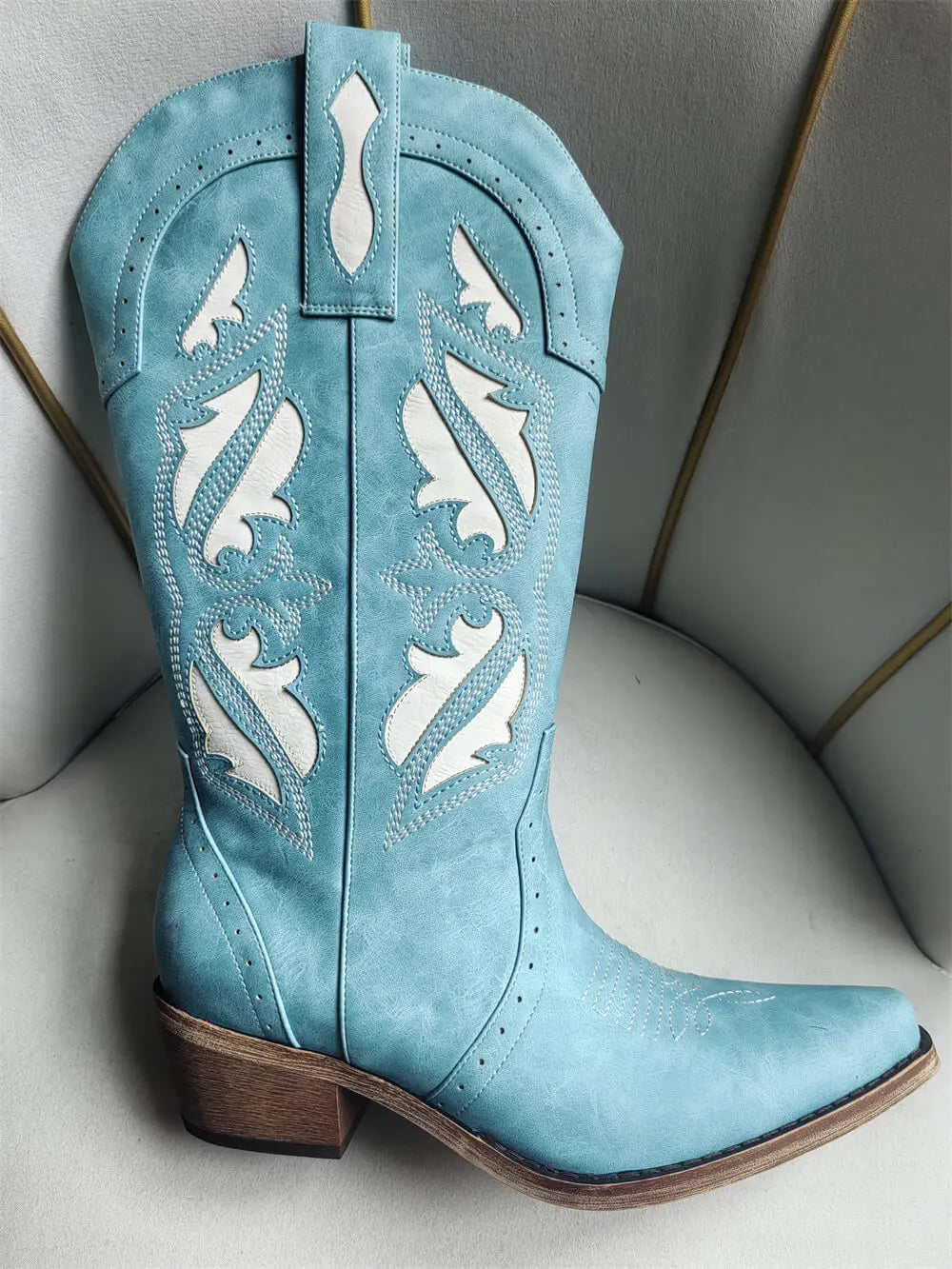 Onlymaker Women Pointed Toe Embroidered Stitched Mid Calf Cowboy Boots Chunky Block Heel Pull On Cowgirl Western Boots
