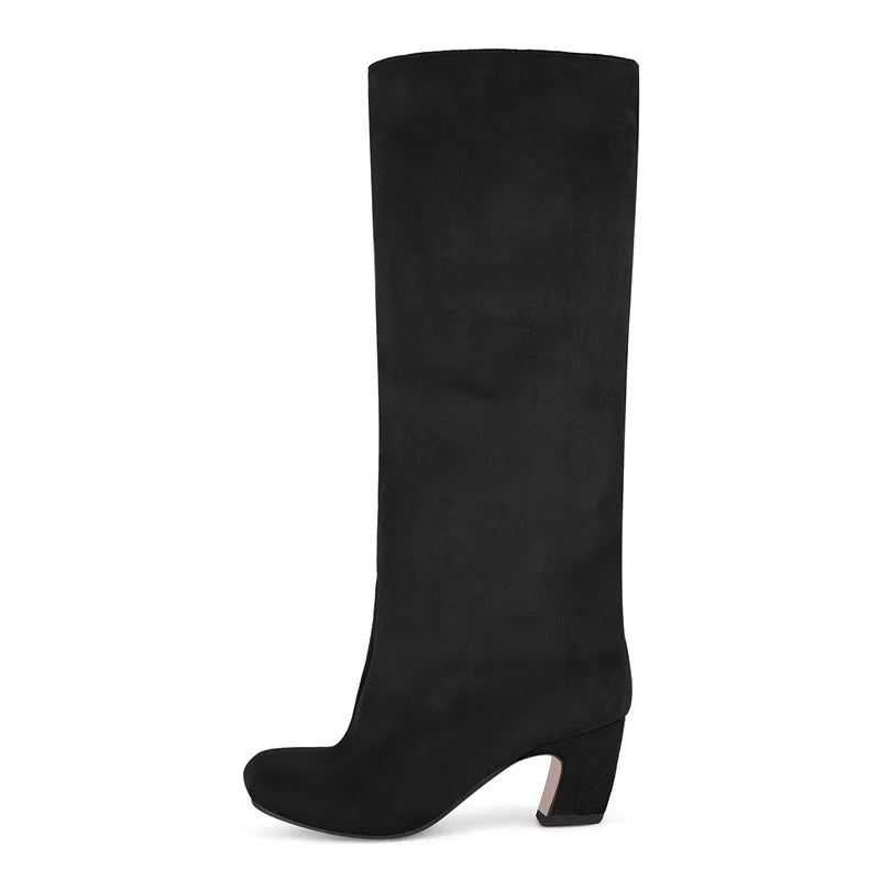 Onlymaker Square Toe Leopard Faux Suede Leather Knee-high Boots Chunky Heel Autumn Solid Slip On Fashion Elegant Boots