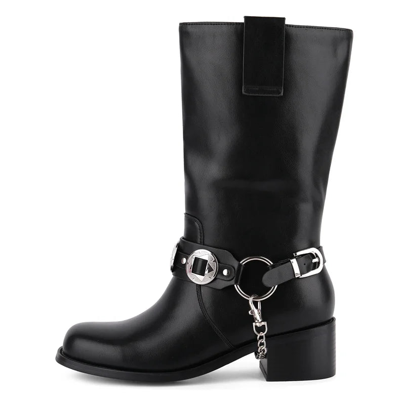 Women Metal Decor Buckle Low Block Heels Boots Wide Knee High Riding Cowgirl Pull on Western Cowboy Boots