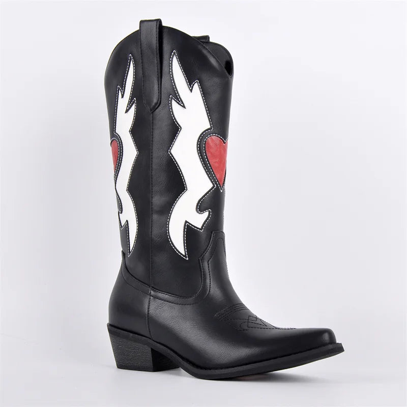 Onlymaker Pointed Toe Cowboy Boots for Women Western Cowgirl  Chunky Heel Embroidered Mid Calf  Pull On Slip on Boots