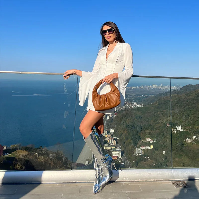 Onlymaker Women Metallic Sliver Leather Stiletto Knee High Boots Fashion Party Dress Thin Heels Winter Boots