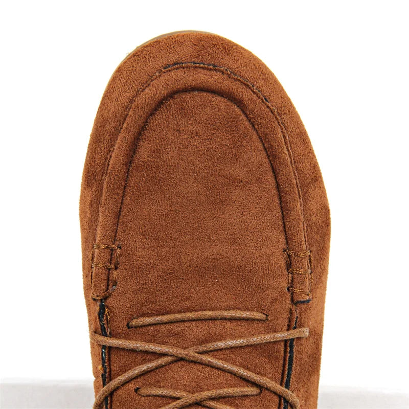 Women Round Toe Lace Up Faux Suede Fringe Knee High Boot Side Zipper Chuny Heel Flat Boots