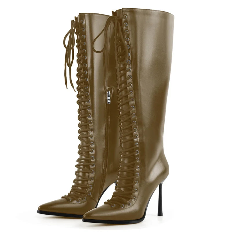 Onlymaker Pointed Toe Lace Up Faux Leather Knee-high Boots Thin Heel Side Zipper Fashion Elegant Boots