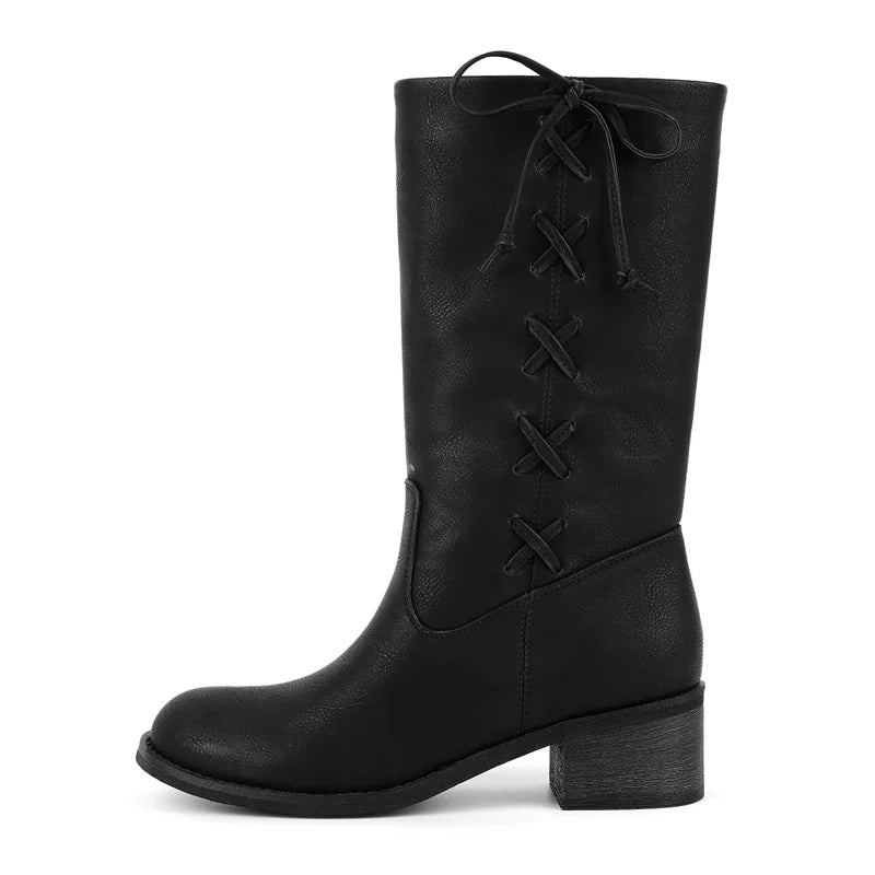 Onlymaker Round Toe Faux Suede Leather Knee-high Boots Chunky Heel Shoes Autumn Solid Slip On Fashion Elegant Boots