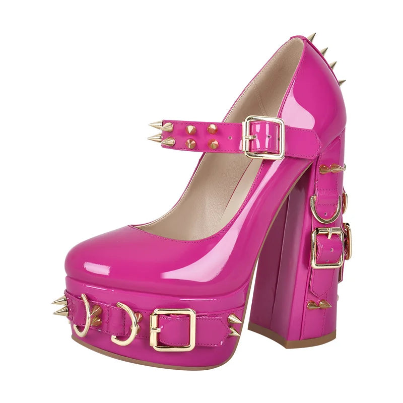 Women Rosy Red Platform Mary-Jane Gothic Buckle Belt Ring Rivet Shinny  Ankle Strap Heeled Big Size Punk Pumps