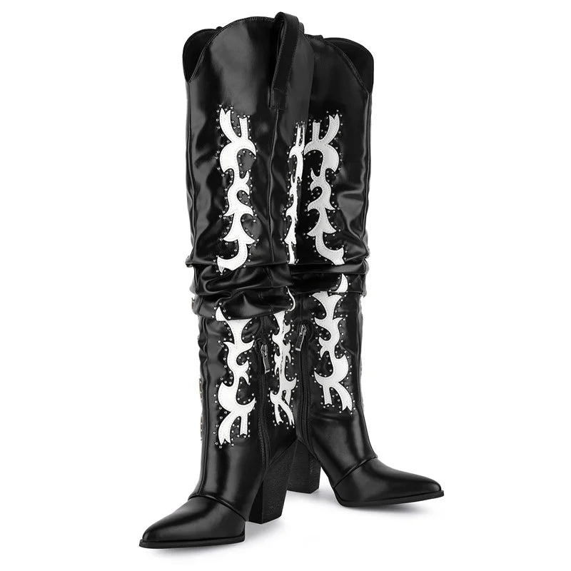 Onlymaker Women  Embroidered Over the Knee High Heel Boots Side Zipper Studded Slouch Wide calf Cowgirl Western Boots