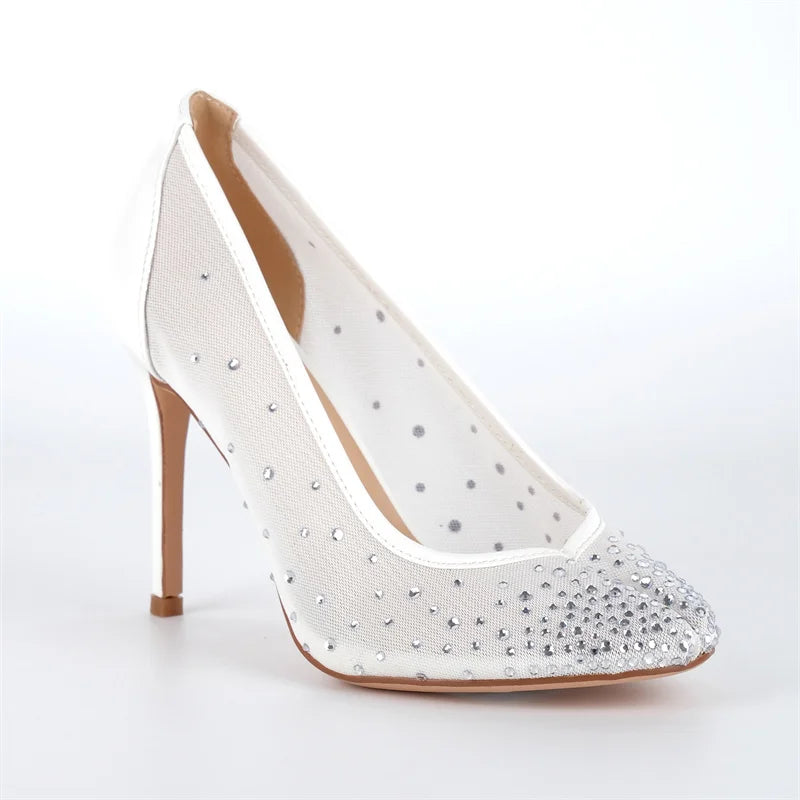 Women Split Toe 10CM Rhinestone Mesh Pumps High Heeled Big Size Slip On Party Wedding Bride  Stiletto Pumps