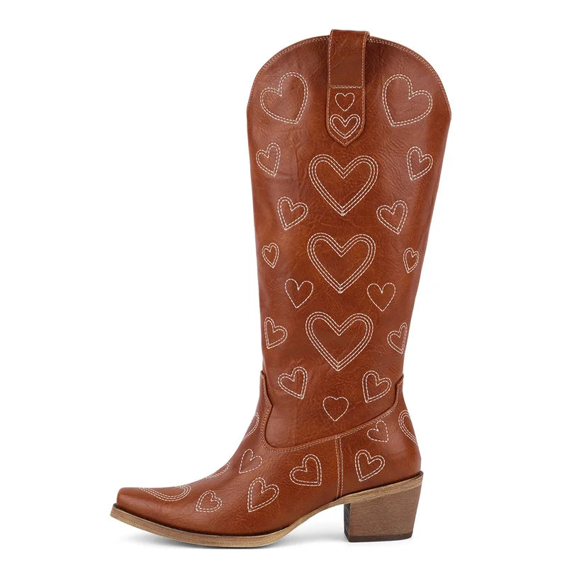 Onlymaker Women Pointed Toe Cow print Pull On Knee High Western Cowgirl Boots Chunky Heel Cowboy Boots