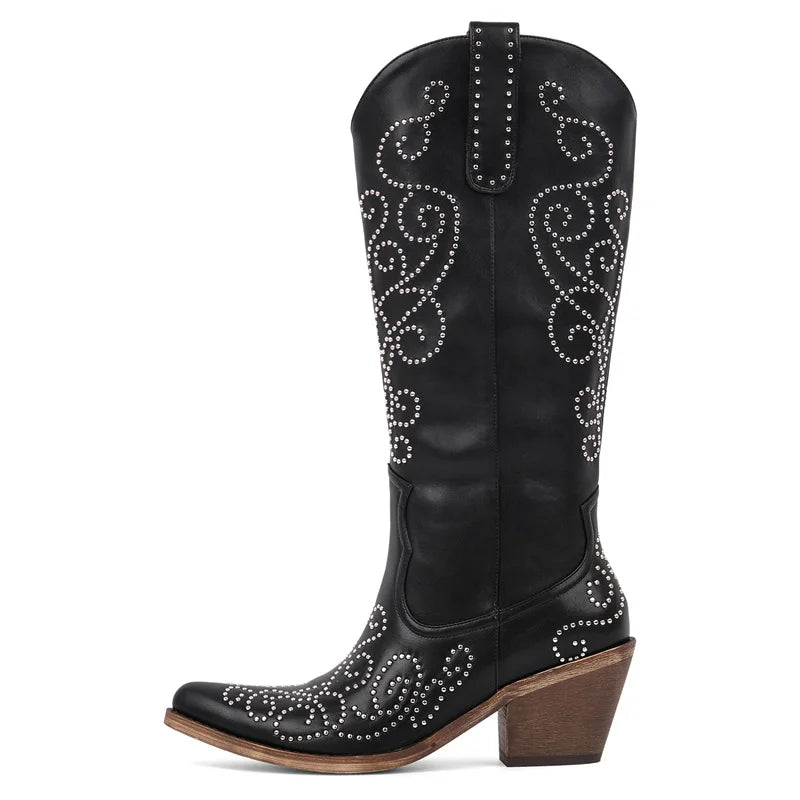 Onlymaker Women Pointed Toe Rivet Knee High Western Cowgirl Chunky Heel Embroidery Pull On Cowboy Boots