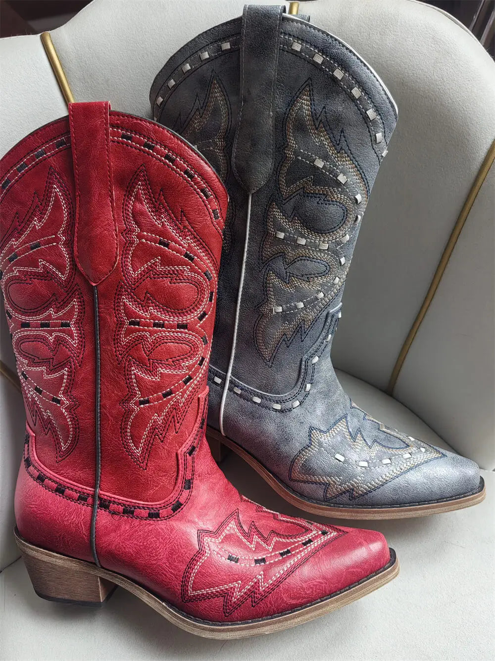 Womens Pointed Toe Embroidered Pull On Casual Boots Mid Calf Low Heel Cute Western boots