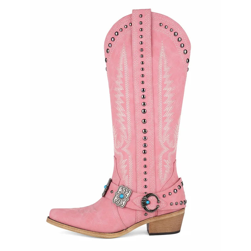 Onlymaker Women Floral Western Embroidery Cowgirl Boots Pointed Toe Side Zipper Knee High with Chunky Heel  Boots
