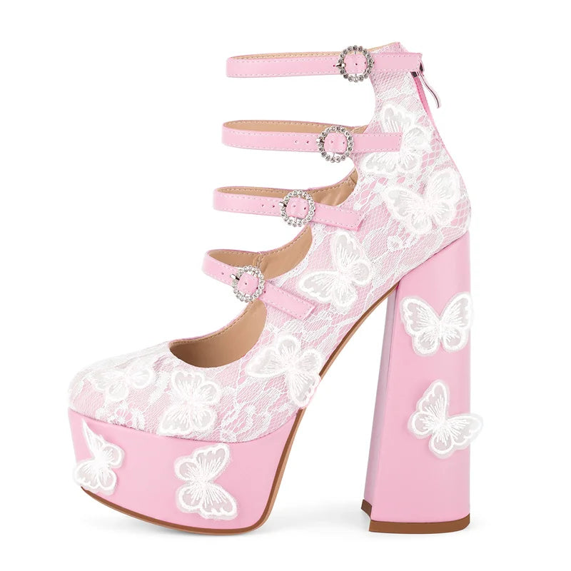 Women Platform Butterfly Lace Mesh Multi Buckle Strap Pumps Sexy  Party Dress Back Zipper Ankle Strap Shoes