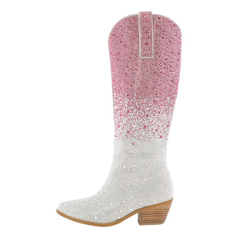 Onlymaker Women Rhinestone Boots Silver Knee High Western Cowgirl Boots Glitter Bling Shiny Pointed Toe Block Heel Lady Booties