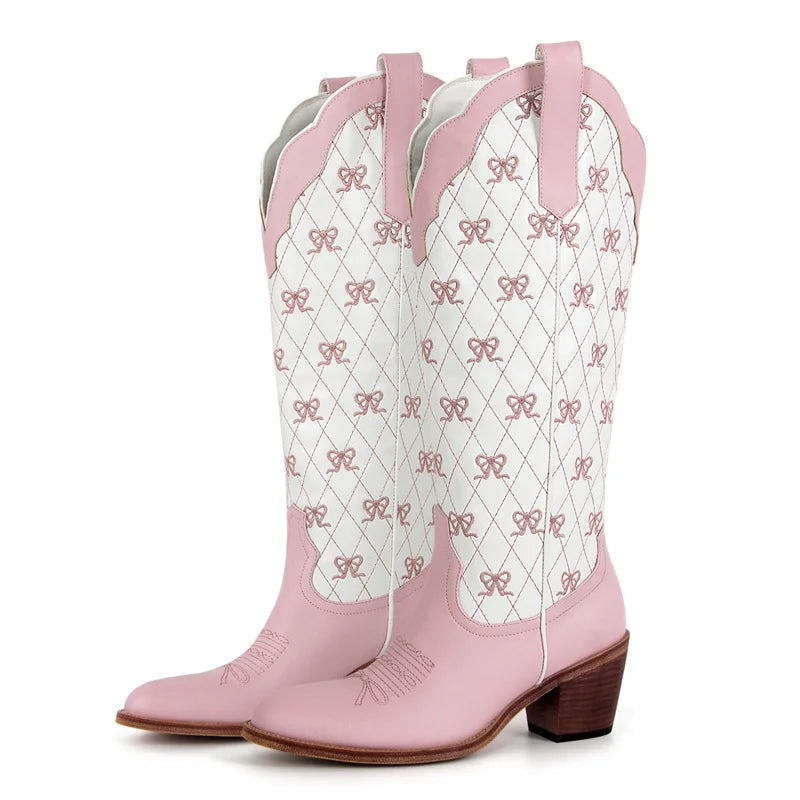 Onlymaker Women White  Pull-on Knee High Cowgirl Boots with Bow  Big Size Comfy Women Cowboy Boots