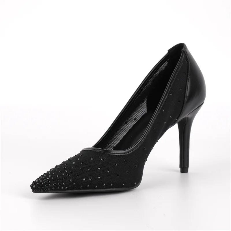 Women Pointed Toe Rhinestone Mesh Pumps High Heeled Big Size Slip On Party Wedding Bride  Stiletto Pumps