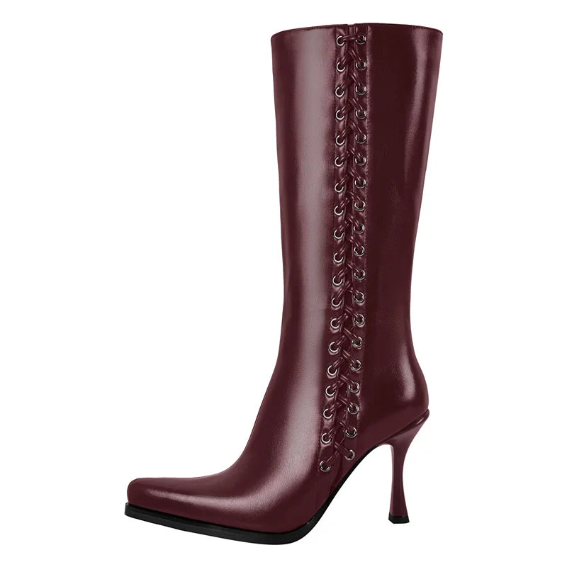 Women Pointed Toe Black Matte Knee High Boots  Stiletto Sexy  Kitten Heels Side Zipper Winter Boots