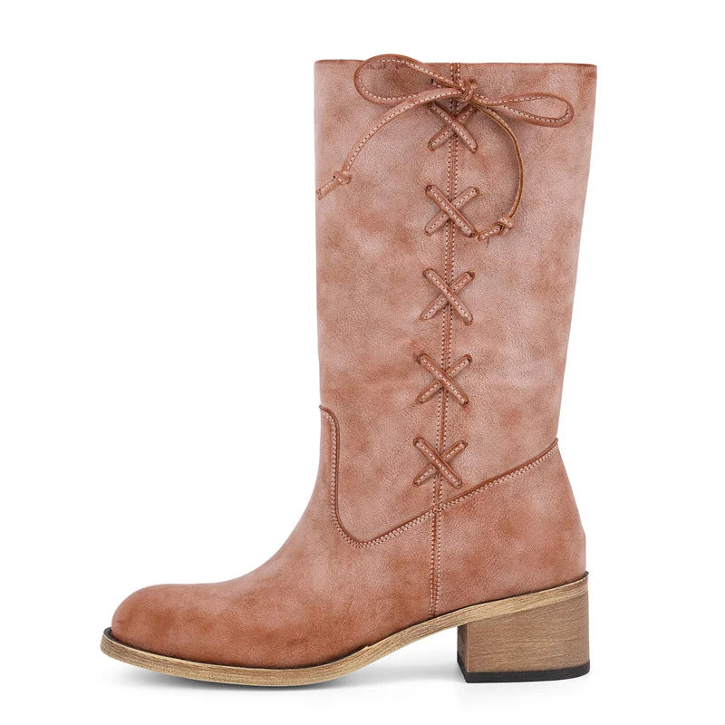 Onlymaker Round Toe Faux Suede Leather Knee-high Boots Chunky Heel Shoes Autumn Solid Slip On Fashion Elegant Boots