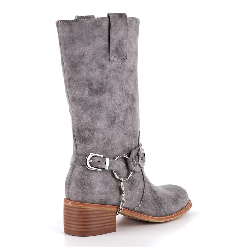 Women Metal Decor Buckle Low Block Heels Boots Wide Knee High Riding Cowgirl Pull on Western Cowboy Boots
