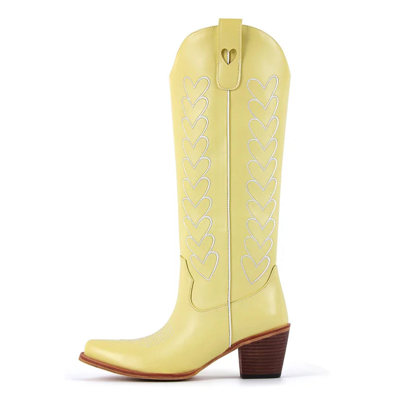 Onlymaker Women Pointed Toe Pull-on Knee High Cowgirl Boots with Big Size Comfy Female Cowboy Boots