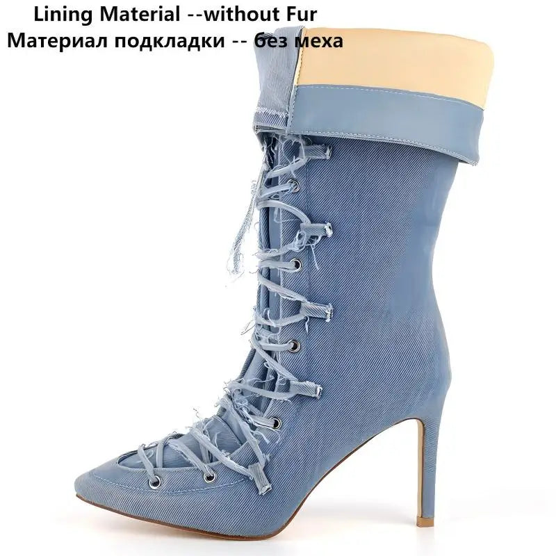 Women Pointed Toe Denim Strappy Retro Mid Calf Boots Side Zipper Thin High Heels Sexy Party Lace-up Stilettos Modern