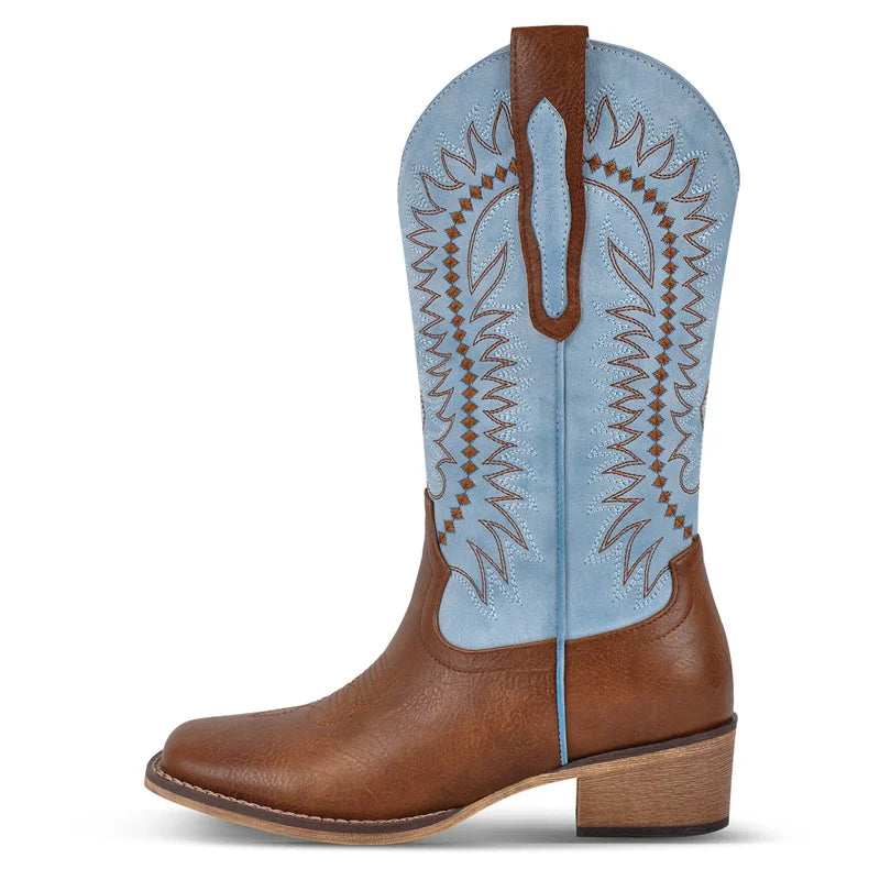 Women Square Toe Western Cowboy Boots  Embroidered Mid--Calf  Block Heel Fashionr Cowgirl Boots