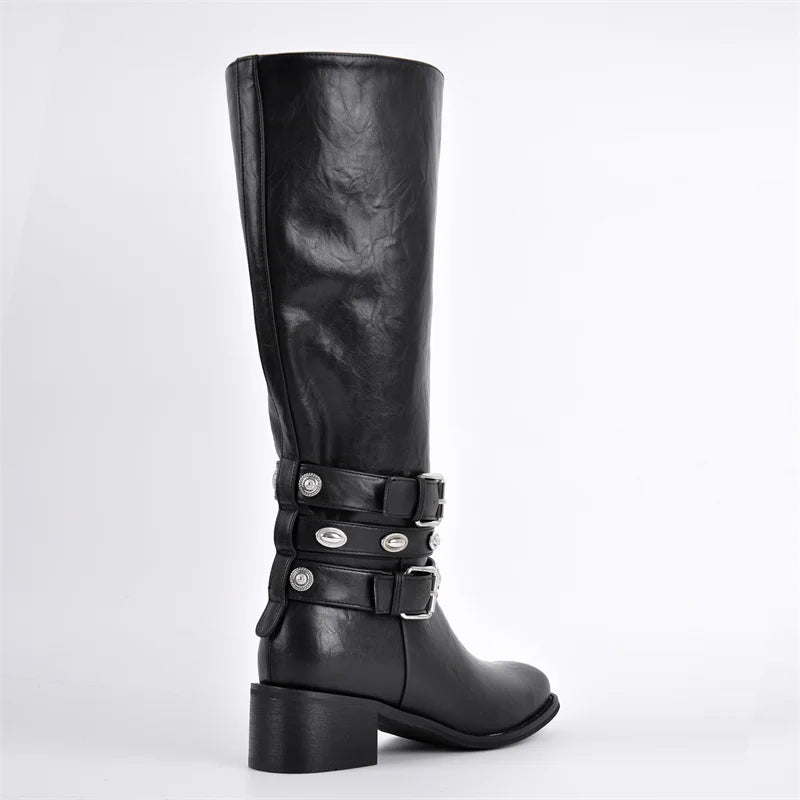 Onlymaker Women Square Toe Mid Calf Knee High Boots Buckled Strap Winter Matte Gothic Motorcycle Boots