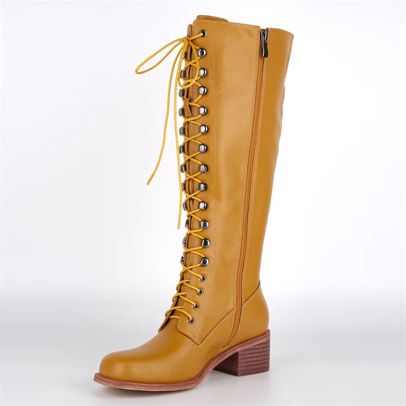Onlymaker Women Square Toe Knee High Boots Black Matte Gothic Heeled Concise Side Zipper Winter Lace UP Motorcycle Boots
