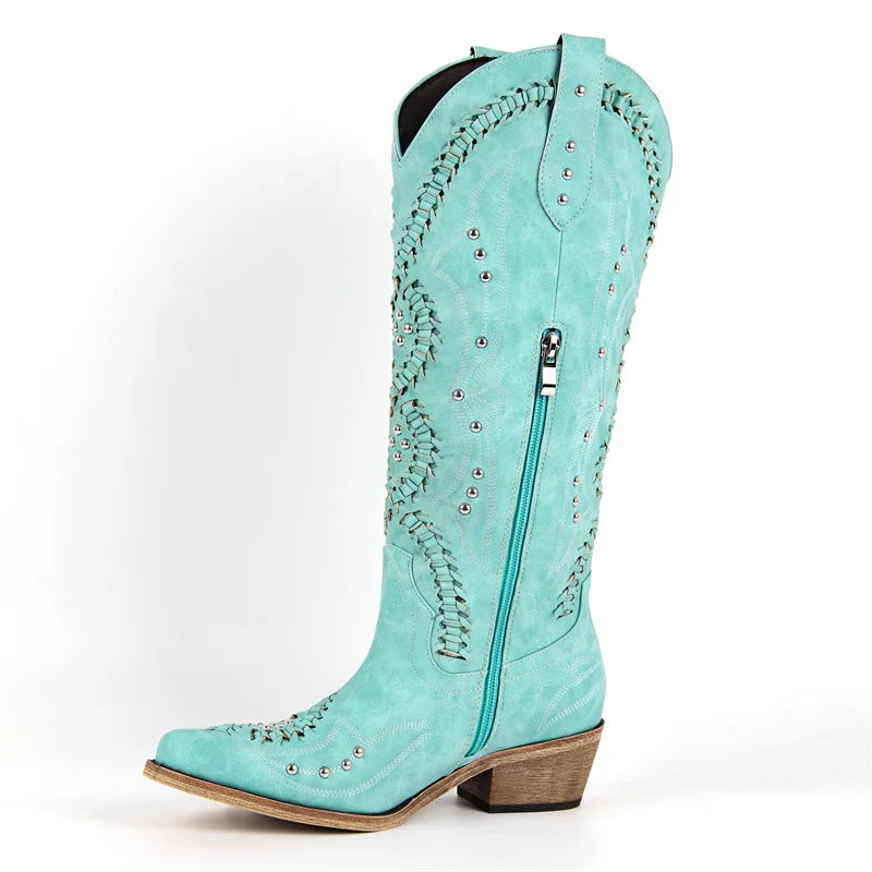 Onlymaker Women Blue Western Embroidery Cowgirl Boots Pointed Toe Side Zipper Knee High with Chunky Heel  Boots