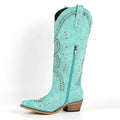 Onlymaker Women Blue Western Embroidery Cowgirl Boots Pointed Toe Side Zipper Knee High with Chunky Heel  Boots