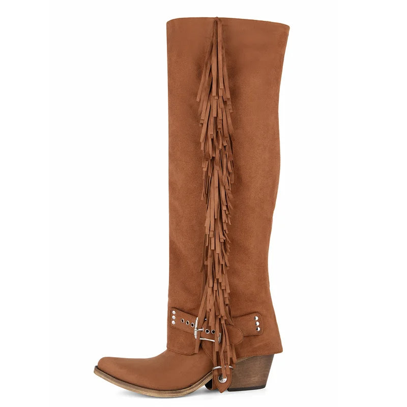 Onlymaker Women Pointed Toe Removable Fringe Brown Faux Suede leather Knee High Boots Big Size Chunky Heel Winter boots