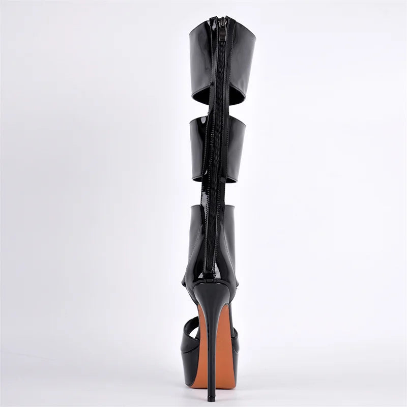 Onlymaker Women Platform Patent Leather Zipper Knee High Boots Sexy Thin High Heel Hollow Gladiator Cutout  Boots Sandals