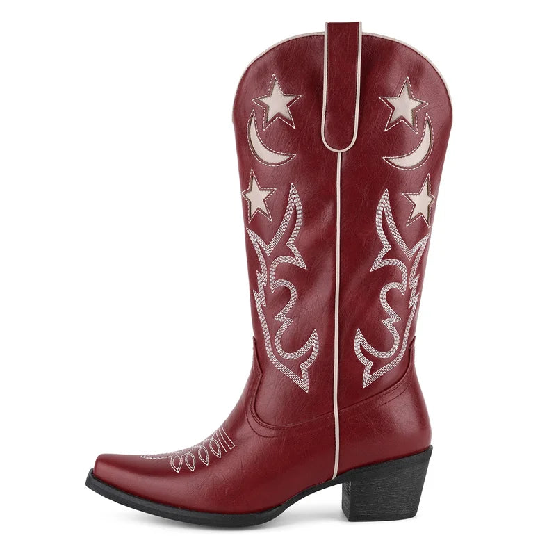 Onlymaker Women  Embroidery Western Boots Side Zipper Knee High Chunky Heel Embroidered Boots