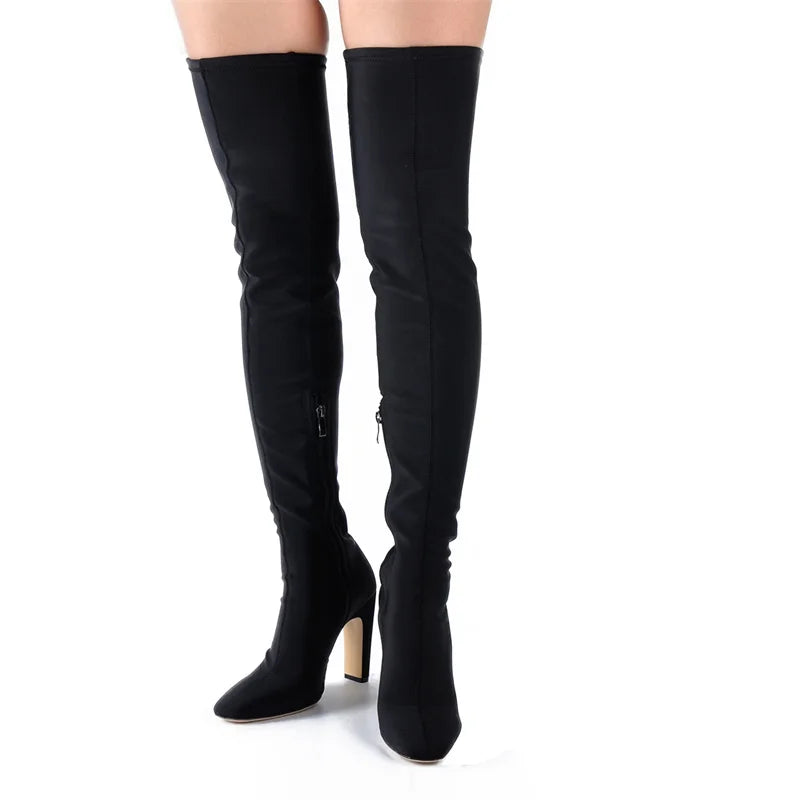 Onlymaker Women Side Zipper Stretchy Square Chunky Block Heel Over knee Boots Thigh High Sexy Boots