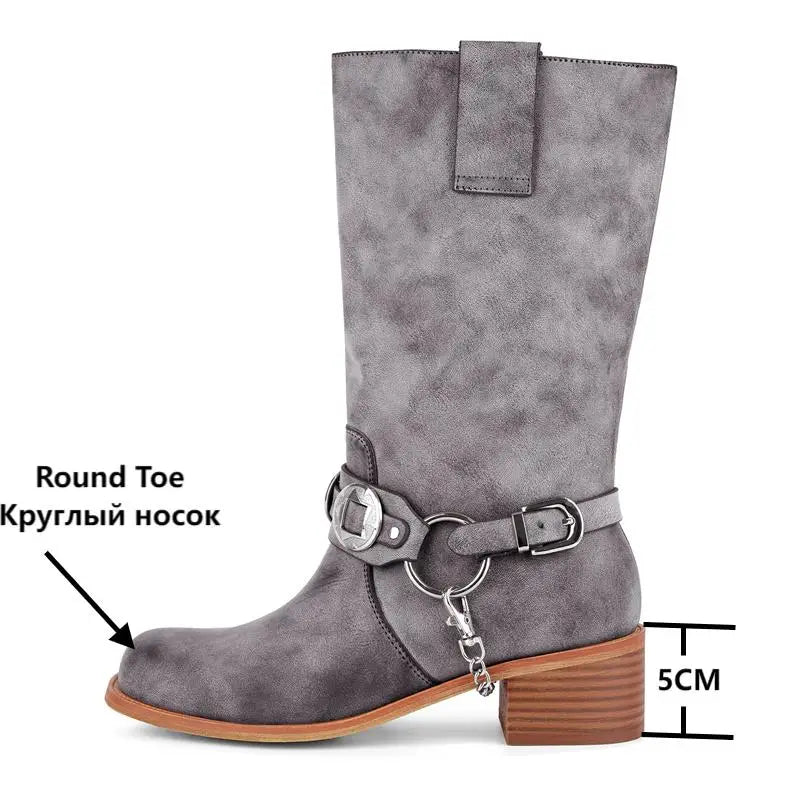 Women Metal Decor Buckle Low Block Heels Boots Wide Knee High Riding Cowgirl Pull on Western Cowboy Boots