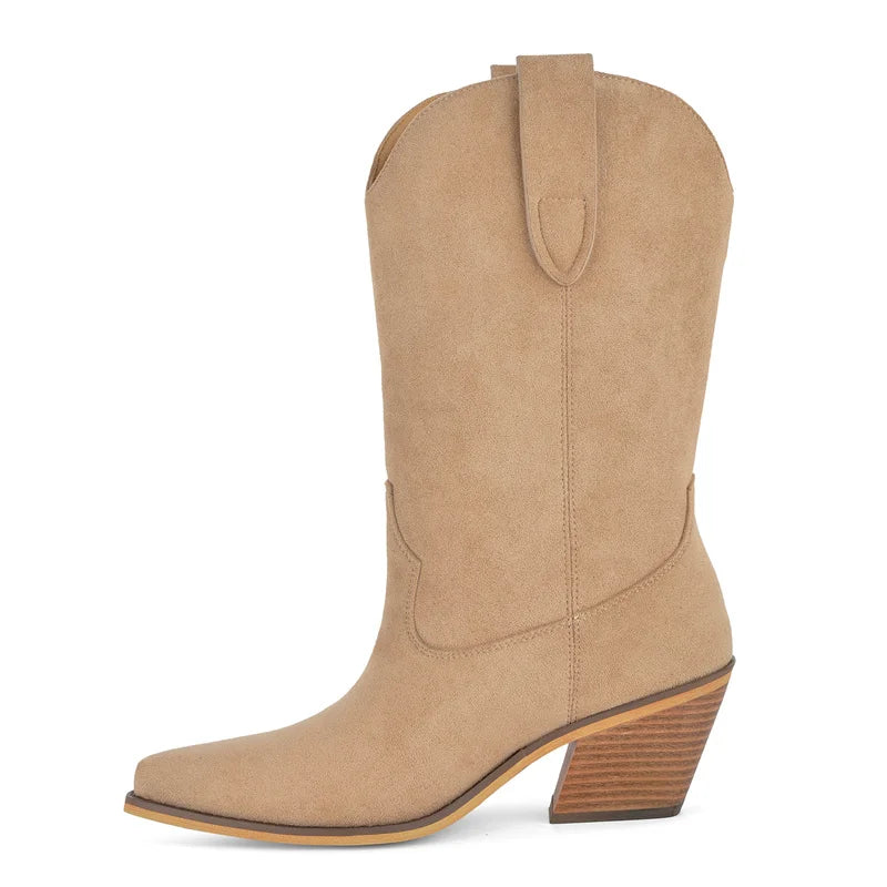 Onlymaker Women Pointed Toe Chunky High Heel Western Cowgirl Boots Hollow Mid-Calf Boots Retro Light Pull On Boots