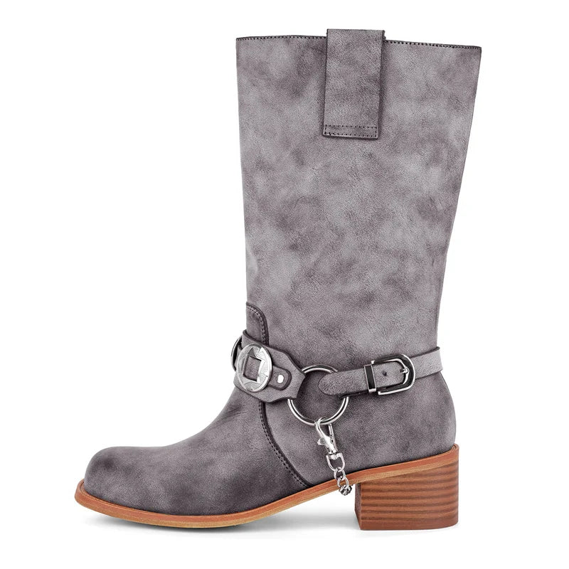 Women Metal Decor Buckle Low Block Heels Boots Wide Knee High Riding Cowgirl Pull on Western Cowboy Boots