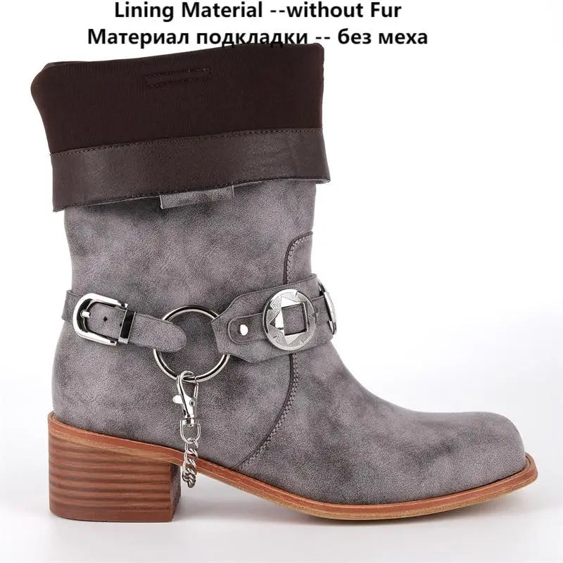 Women Metal Decor Buckle Low Block Heels Boots Wide Knee High Riding Cowgirl Pull on Western Cowboy Boots